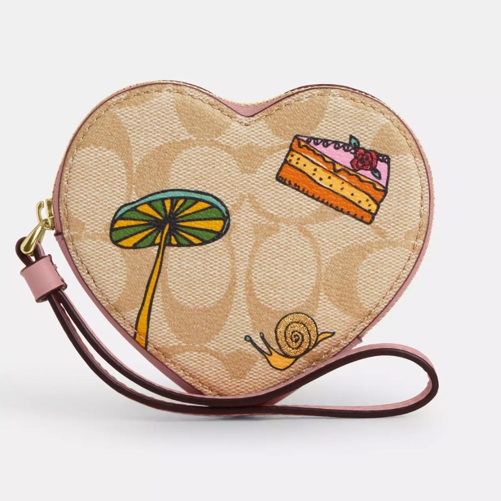NWT Coach X Observed Heart Shape Small Coin Case Wristlet CU405 LT KHAKI LT PINK